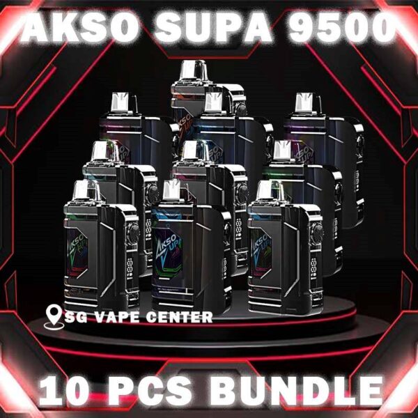 10PCS AKSO SUPA 9500 BUNDLE - SG VAPE CENTER SINGAPORE The 10PCS AKSO SUPA 9500 BUNDLE Package include : Choose 10 Pcs of AKSO SUPA 9500 Puffs Disposable with amazing price ! FREE DELIVERY Akso supa 9500 Disposable Ready stock in our sg singapore store online shop. This Kit is new era disposable vape device. It has child lock mode function, smart screen indicator to show battery percentage and high power boost button. The child lock mode can make sure children wont use the device accidentally. Futhermore, the high power boost button can bring more smoke feeling to SG vape users. Looking for a vape shop in Singapore? Check out the Akso Supa 9500 Puff Disposable Vape, featuring same-day delivery, 5% nicotine content, and adjustable airflow. Find out more about this Akso vape and where to get it. Get ur akso supa now at SG VAPE CENTER . We provide same day cash on delivery service with 0 deposit! Specification : Nicotine 50mg (5%) Approx. 9500 puffs Capacity 18ml Rechargeable Battery 650mAh Extra Boost Button Child Lock Safety ⚠️AKSO SUPA 9500 FLAVOUR LINE UP⚠️ Apple Asam Boi Blackberry Ice Blackcurrant Yakult Creamy Milk Grape Ice Ice Cream Cake Green Grape Lychee Longan Super Ice Mint Taro Ice Cream Mango Yakult Nutty Tobacco Root Beer Solero Strawberry Vanilla Donut Vanilla Latte Watermelon Ice Yakult Guava Asam Melon Gum Strawberry Gum Mango Ice SG VAPE COD SAME DAY DELIVERY , CASH ON DELIVERY ONLY. TAKE BULK ORDER /MORE ORDER PLS CONTACT ME :  SGVAPECENTER VIEW OUR DAILY NEWS INFORMATION VAPE : TELEGRAM CHANNEL