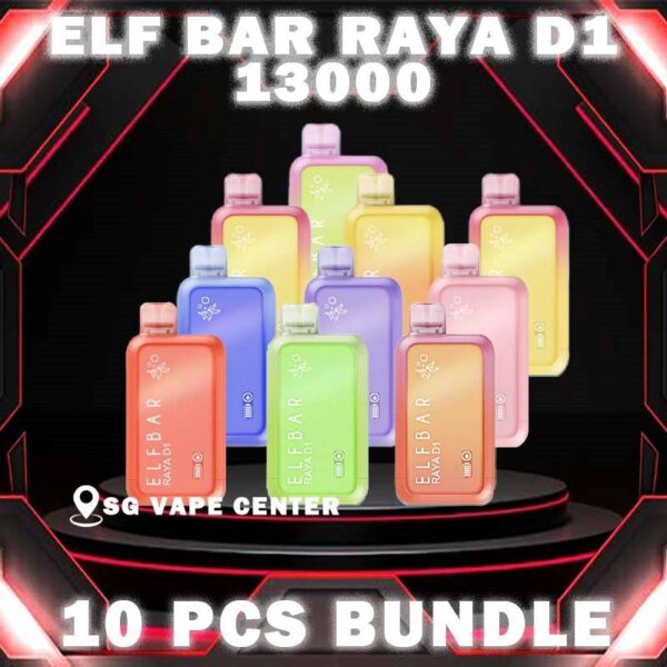 10PCS ELFBAR RAYA D1 13000 ( 13K PUFFS ) DISPOSABLE BUNDLE - SG VAPE CENTER SINGAPORE The 10PCS ELFBAR RAYA D1 13000 DISPOSABLE BUNDLE Package include : Choose 10 Pcs of ELF BAR RAYA D1 13K Puffs with amazing price ! Free Gift x1 FREE DELIVERY The ELFBAR RAYA D1 13000 Puffs ( 13K ) ,Ready stock in our sg singapore store online shop for same day delivery.  Is a premium disposable pod equipped with mesh coil technology, boasting an impressive 13k Puffs. Crafted by ELFBAR's expert team, the mesh coil ensures a seamless and intense flavor experience with every puff. Moreover, it featuring a screen display that will provide you with information about battery power and the remaining liquid level in your RAYA D1! Discover out signature Mango Strawberry Ice Cream flavor, alongside popular options like ELF BAR Apple Orange Bubblegum , Kiwi Guava Grape , Masam Bubblegum , Mix Berries , Strawberry guava, and Lychee Juicy Peach. For those craving extra sweetness, you can also enjoy Solero or Cola flavors. Specification : Approx. 13000 Puffs Capacity 18ml Rechargeable Battery 650mAh Anti Dry-Burn Protection E-liquid & Power Display Screen Charging Port: Type-C ⚠️ELFBAR RAYA D1 13000 FLAVOUR LINE UP⚠️ Apple Orange Bubblegum Cola Kiwi Guava Grape Lychee Juicy Peach Mango Lychee Bubblegum Mango Strawberry Ice Cream Masam Bubblegum Mix Berries Peach Lychee Blackcurrant Ribena Lychee Solero Strawberry Guava SG VAPE COD SAME DAY DELIVERY , CASH ON DELIVERY ONLY. TAKE BULK ORDER /MORE ORDER PLS CONTACT ME :  SGVAPECENTER VIEW OUR DAILY NEWS INFORMATION VAPE : TELEGRAM CHANNEL