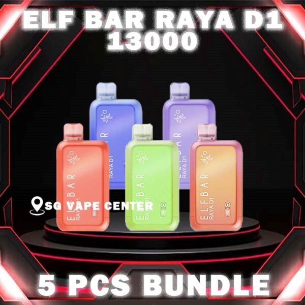 5PCS ELFBAR RAYA D1 13000 ( 13K PUFFS ) DISPOSABLE BUNDLE - SG VAPE CENTER SINGAPORE The 5PCS ELFBAR RAYA D1 13000 DISPOSABLE BUNDLE Package include : Choose 5 Pcs of ELF BAR RAYA D1 13K Puffs with amazing price ! Free Gift x1 FREE DELIVERY The ELFBAR RAYA D1 13000 Puffs ( 13K ) ,Ready stock in our sg singapore store online shop for same day delivery.  Is a premium disposable pod equipped with mesh coil technology, boasting an impressive 13k Puffs. Crafted by ELFBAR's expert team, the mesh coil ensures a seamless and intense flavor experience with every puff. Moreover, it featuring a screen display that will provide you with information about battery power and the remaining liquid level in your RAYA D1! Discover out signature Mango Strawberry Ice Cream flavor, alongside popular options like ELF BAR Apple Orange Bubblegum , Kiwi Guava Grape , Masam Bubblegum , Mix Berries , Strawberry guava, and Lychee Juicy Peach. For those craving extra sweetness, you can also enjoy Solero or Cola flavors. Specification : Approx. 13000 Puffs Capacity 18ml Rechargeable Battery 650mAh Anti Dry-Burn Protection E-liquid & Power Display Screen Charging Port: Type-C ⚠️ELFBAR RAYA D1 13000 FLAVOUR LINE UP⚠️ Apple Orange Bubblegum Cola Kiwi Guava Grape Lychee Juicy Peach Mango Lychee Bubblegum Mango Strawberry Ice Cream Masam Bubblegum Mix Berries Peach Lychee Blackcurrant Ribena Lychee Solero Strawberry Guava SG VAPE COD SAME DAY DELIVERY , CASH ON DELIVERY ONLY. TAKE BULK ORDER /MORE ORDER PLS CONTACT ME :  SGVAPECENTER VIEW OUR DAILY NEWS INFORMATION VAPE : TELEGRAM CHANNEL