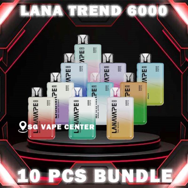 10PCS LANA TREND 6000 DISPOSABLE BUNDLE - SG VAPE CENTER SINGAPORE The 10PCS LANA TREND 6000 DISPOSABLE BUNDLE Package include : Choose 10 Pcs of LANA TREND 6K Puffs with amazing price ! Free Gift x1 FREE DELIVERY The Lana Trend 6000 / 6k Puffs Disposable Vape Ready stock in our sg singapore store online shop for same day delivery. This kit goes the extra mile, Powered by a 500mAh battery,  offering an impressive 6000 puffs on a single charge. Big farewell to the inconvenience of frequent recharges, and relish uninterrupted vaping throughout your day. Prepare for a thrilling experience with Lanavape. It's like a bolt of energy in a vape, infusing the sharp vigor of an energy drink with  the delightful twist of mixed berries. Every puff is a bold and electrifying journey for those who seek an exhilarating vape. As an added bonus, the the Lana Trend comes preloaded with salt nicotine e-liquid.  This means you'll enjoy a smoother throat hit compared to freebase nicotine, and your nicotine cravings will be swiftly met,  thanks to its rapid absorption by the body. Specification : Nicotine (30mg) 3% Approx. 6000 Puffs Capacity 8ml Rechargeable Battery 550mAh Charging Port: Type-C ⚠️LANA TREND 6000 FLAVOUR LINE UP⚠️ Classic Tobacco Grape Guava Ice Lemon Tea Lychee Menthol Ice Peach Pomelo Jasmine Root Beer Sakura Yogurt Spring Water Taro Sago Dessert Thai Mango Tieguanyin Watermelon SG VAPE COD SAME DAY DELIVERY , CASH ON DELIVERY ONLY. TAKE BULK ORDER /MORE ORDER PLS CONTACT ME :  SGVAPECENTER VIEW OUR DAILY NEWS INFORMATION VAPE : TELEGRAM CHANNEL